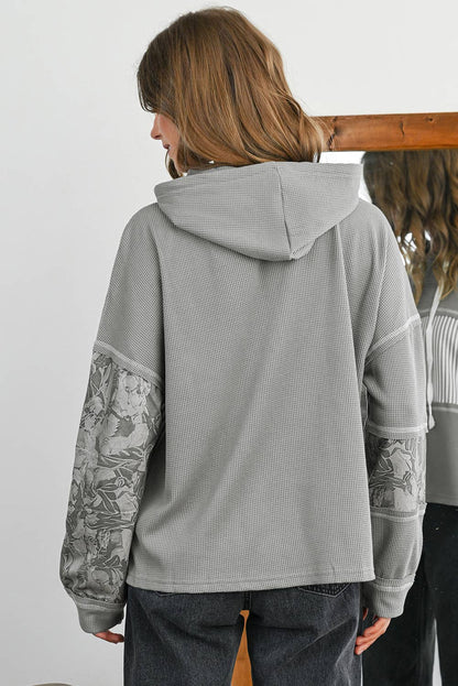 Waffle Striped & Abstract Print Buttoned Front Hoodie