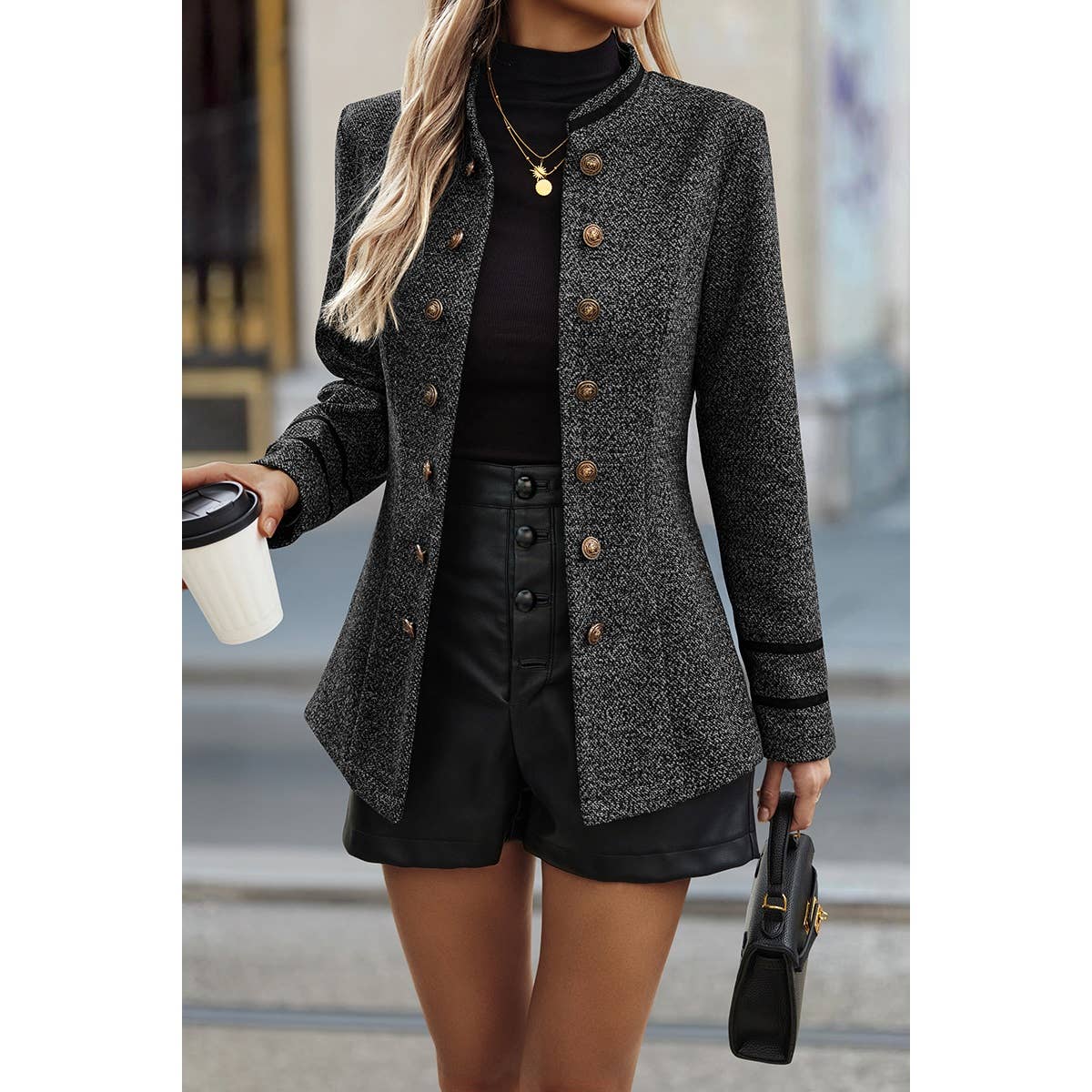Solid Decorative Button Stand Collar Jacket