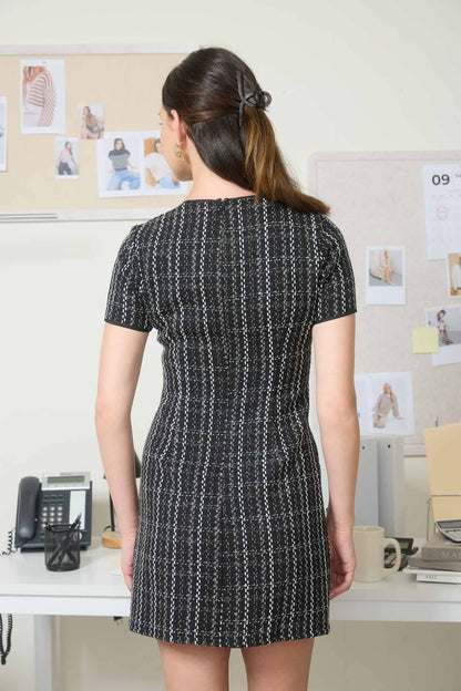 Plaid Tweed Velvet Bow Detail Mini Dress