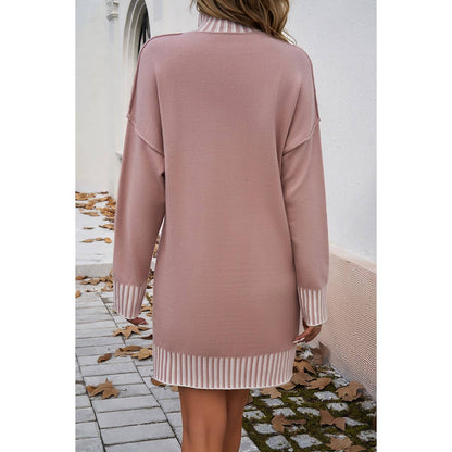 Turtle Mock Neck Solid Knit Stretch Sweater Dress