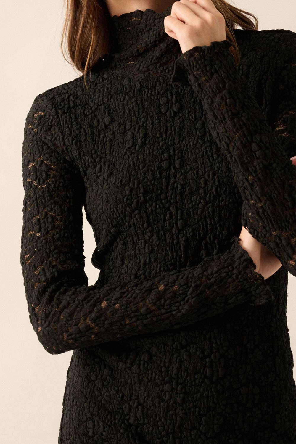 Floral Lace Mock-Neck Long-Sleeve Mini Dress