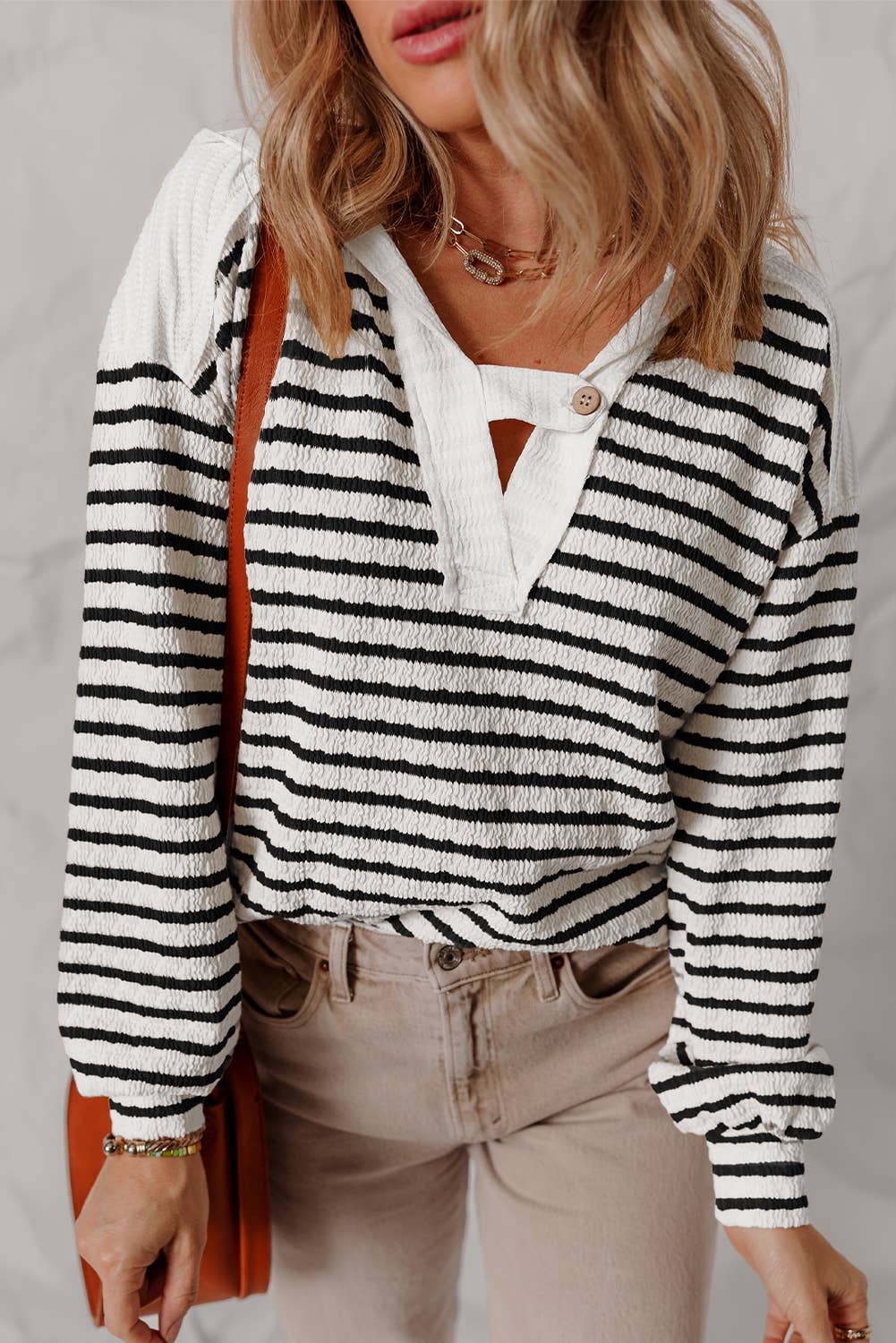 Texture Stripe Hooded Long Sleeve Top