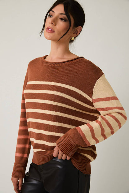 Round Neck Long Sleeve Stripe Light Weight Sweater