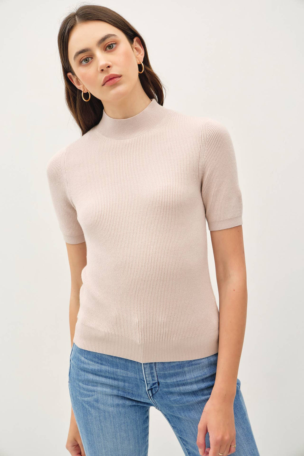 Mock Neck Short Sleeve Ribbed Knit Sweater