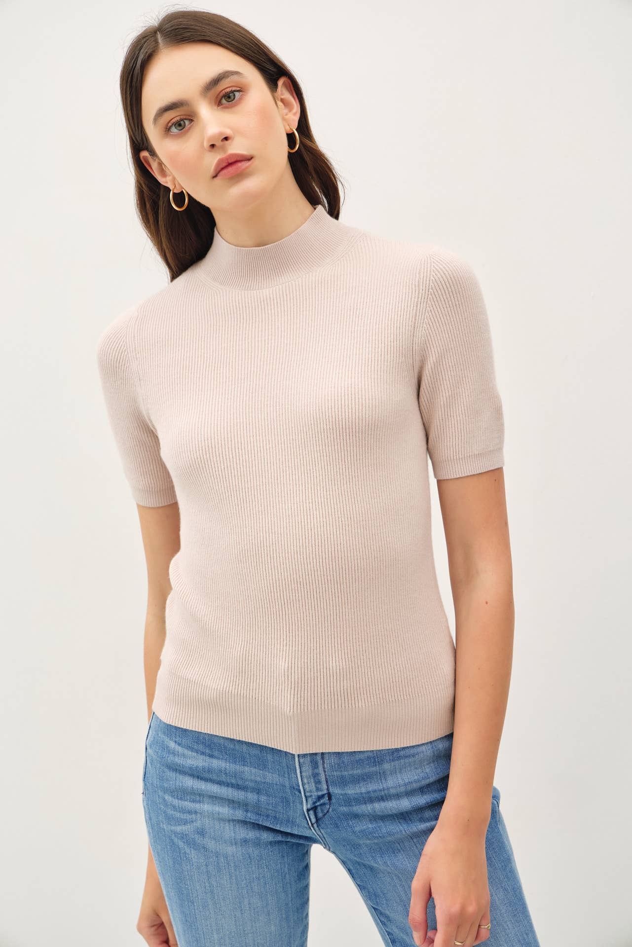 Mock Neck Short Sleeve Ribbed Knit Sweater
