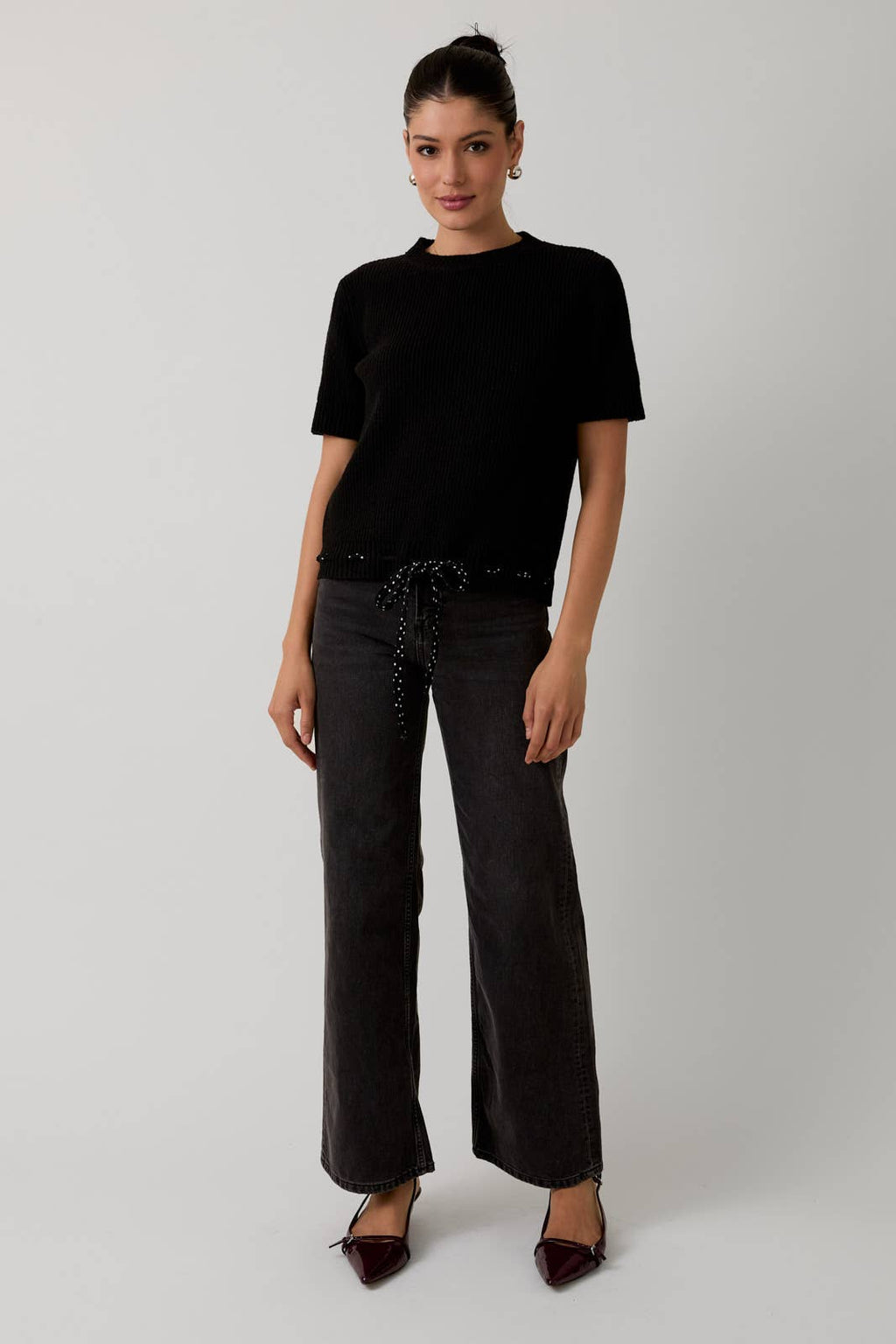 Round Neck Short Sleeve Waist Bow Tied Sweater