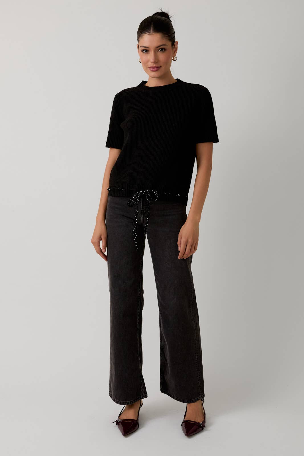 Round Neck Short Sleeve Waist Bow Tied Sweater