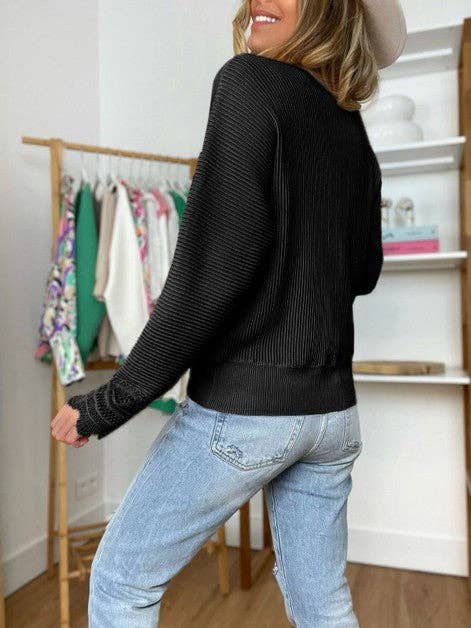 Solid Lace Trim V Neck Long Sleeve Top
