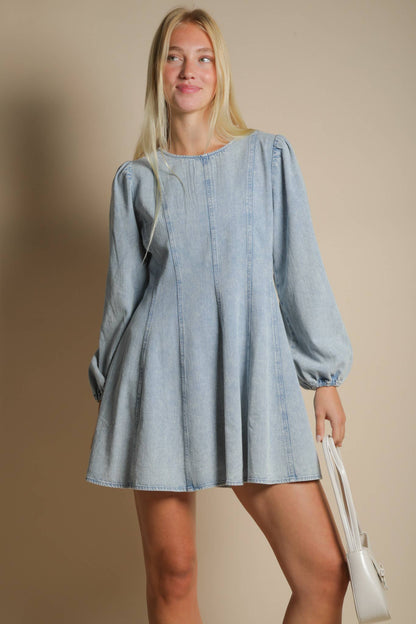 Mineral Washed Denim Seam Detail Mini Dress