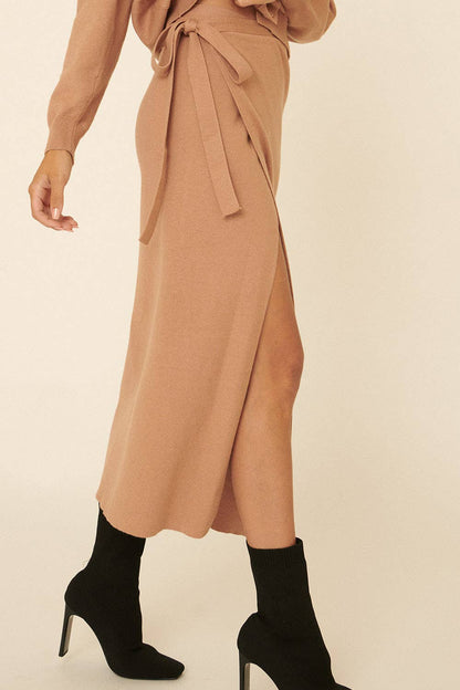 Solid Waist Tie Wrap Sweater Midi Skirt