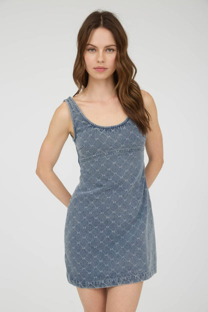 Bow Pattern Sleeveless Denim Mini Dress