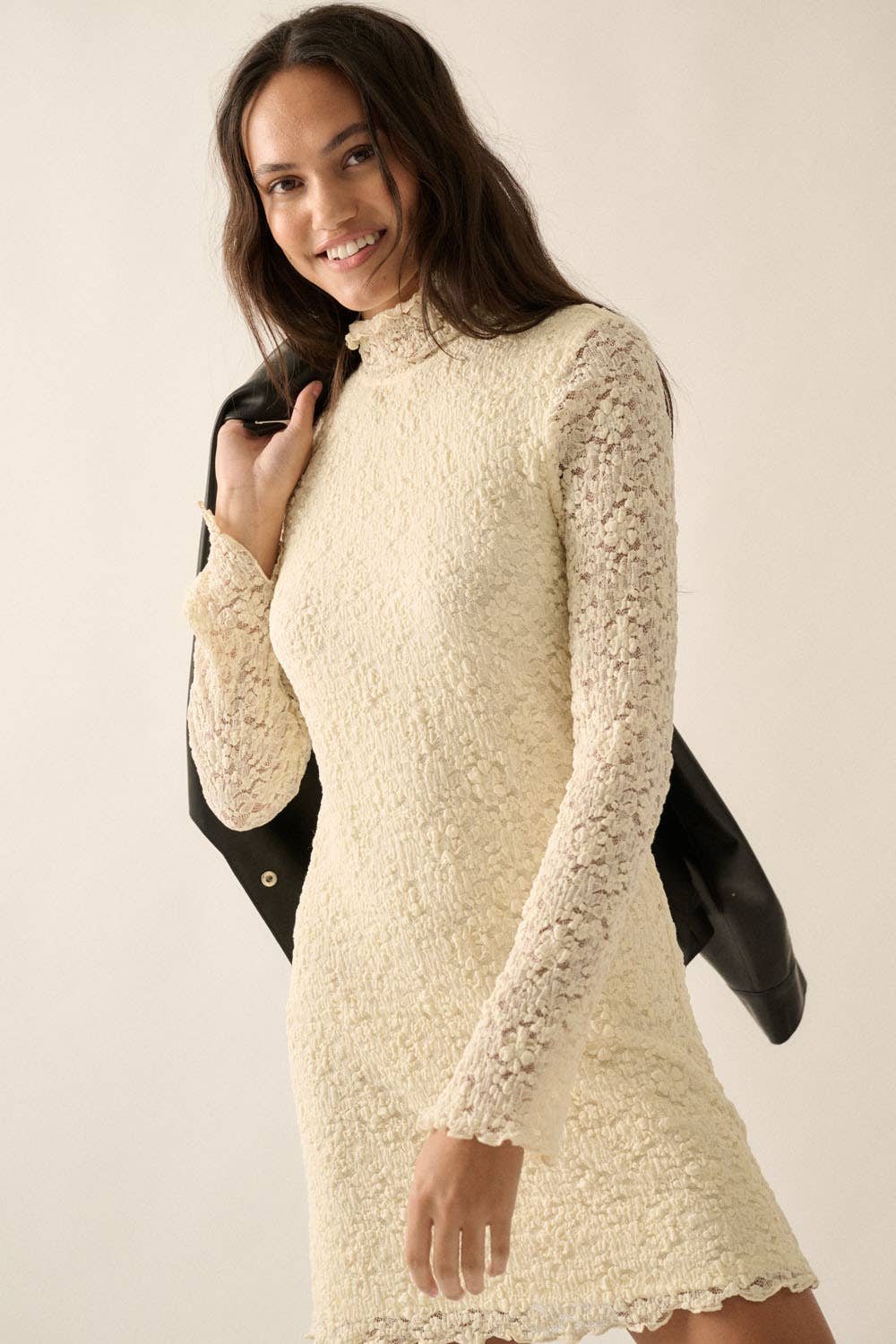 Floral Lace Mock-Neck Long-Sleeve Mini Dress