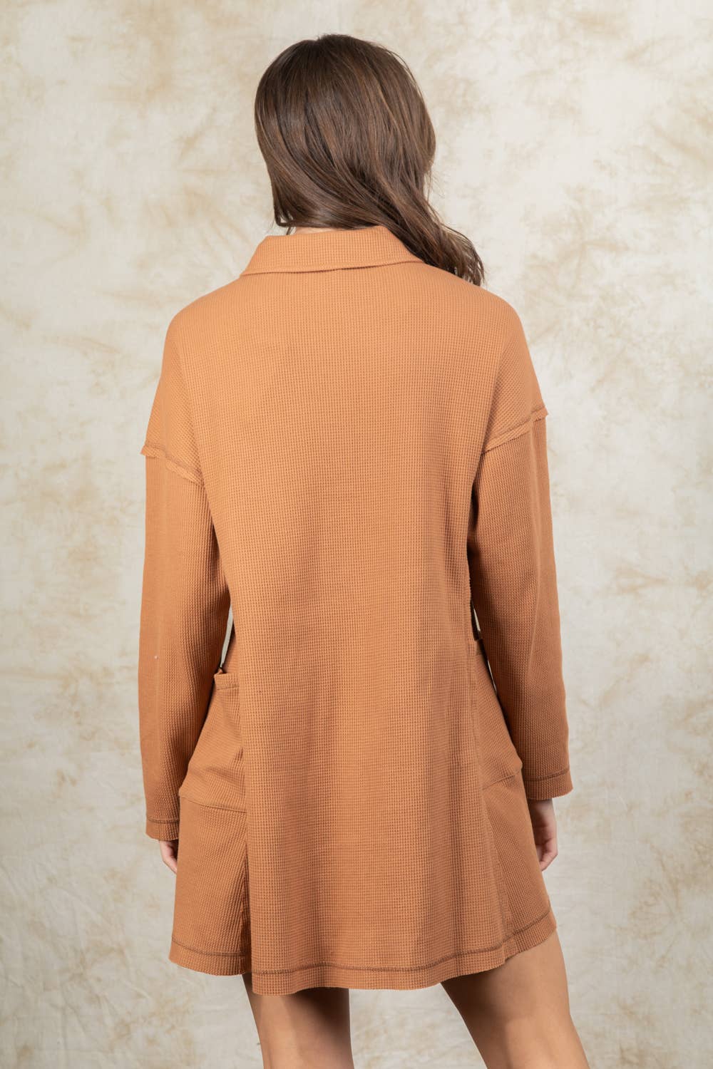 Casual Shirt Collared Knit Henley Mini Dress