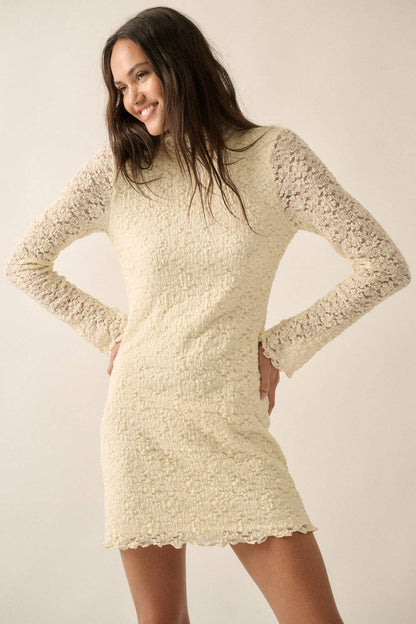 Floral Lace Mock-Neck Long-Sleeve Mini Dress