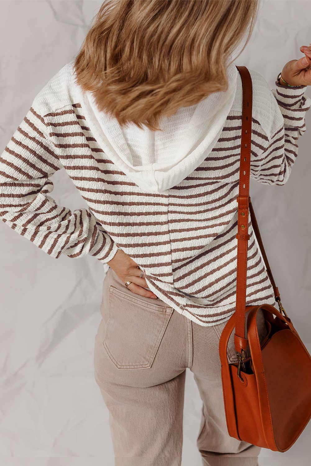 Texture Stripe Hooded Long Sleeve Top
