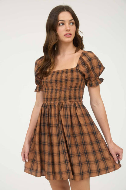 Plaid Smocked Puff Sleeve Mini Dress
