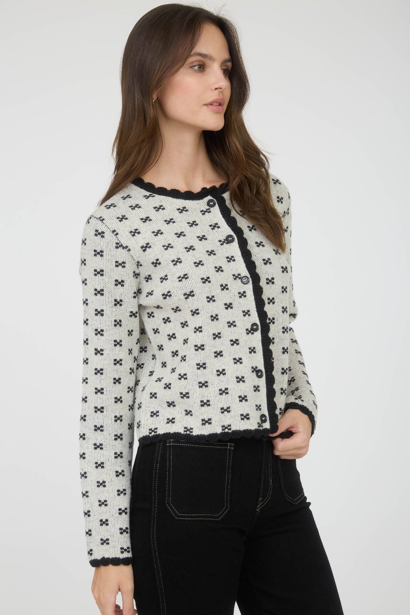 Scallop Trim Button Down Knit Cardigan