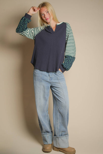 Oversized Floral & Stripe Casual Knit Top