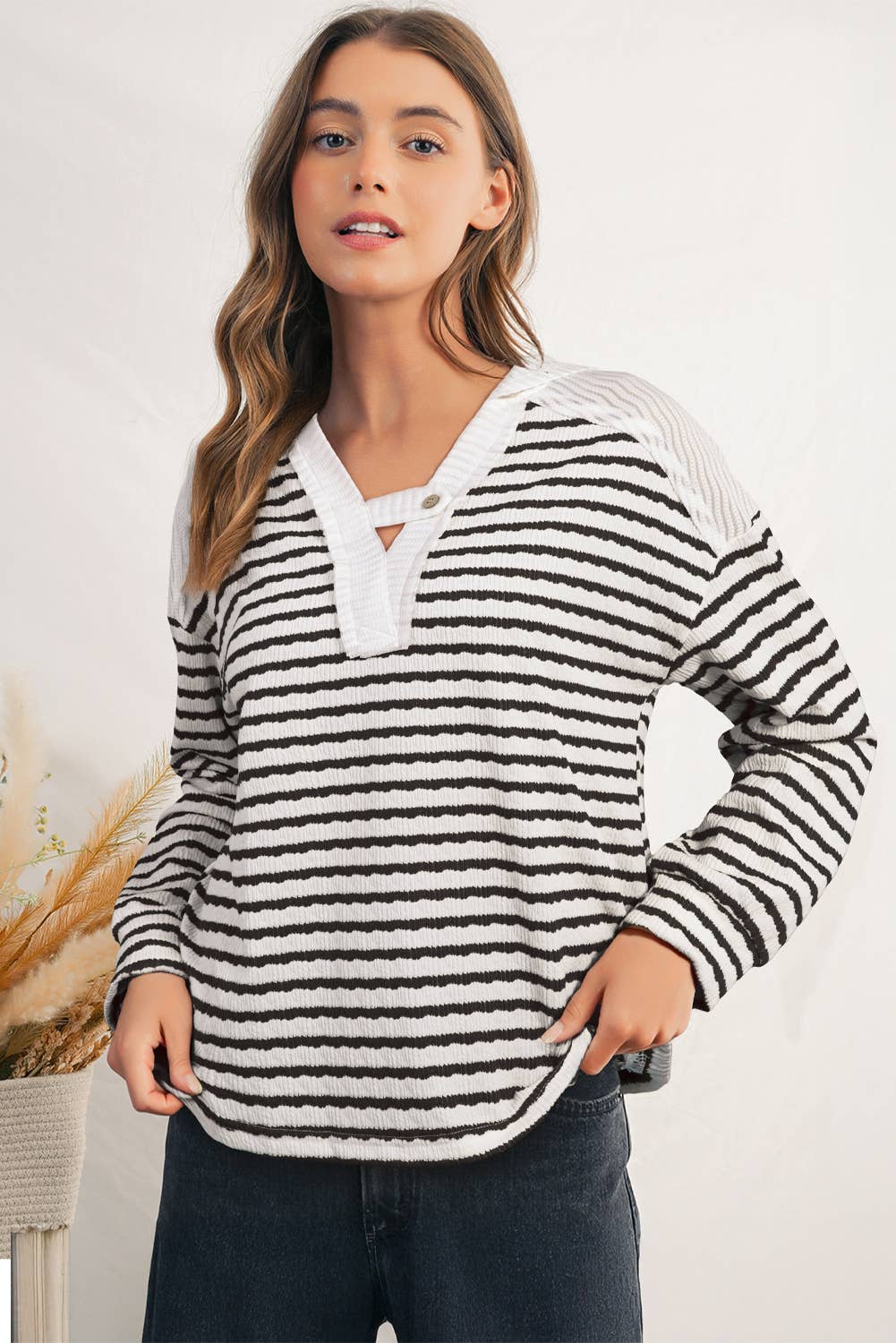 Texture Stripe Hooded Long Sleeve Top