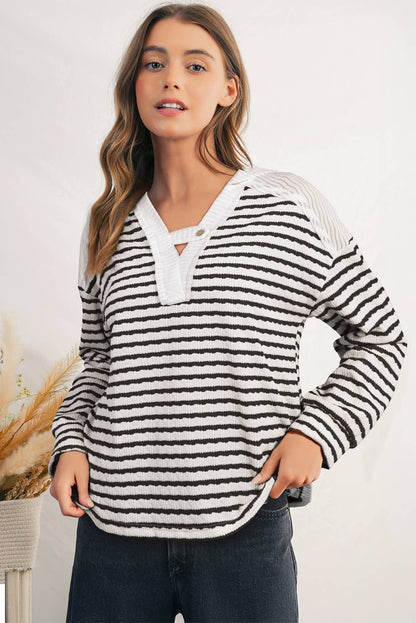Texture Stripe Hooded Long Sleeve Top
