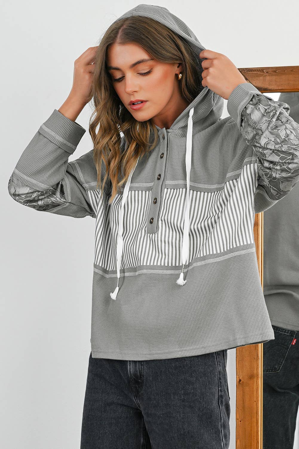 Waffle Striped & Abstract Print Buttoned Front Hoodie