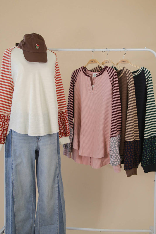 Oversized Floral & Stripe Casual Knit Top