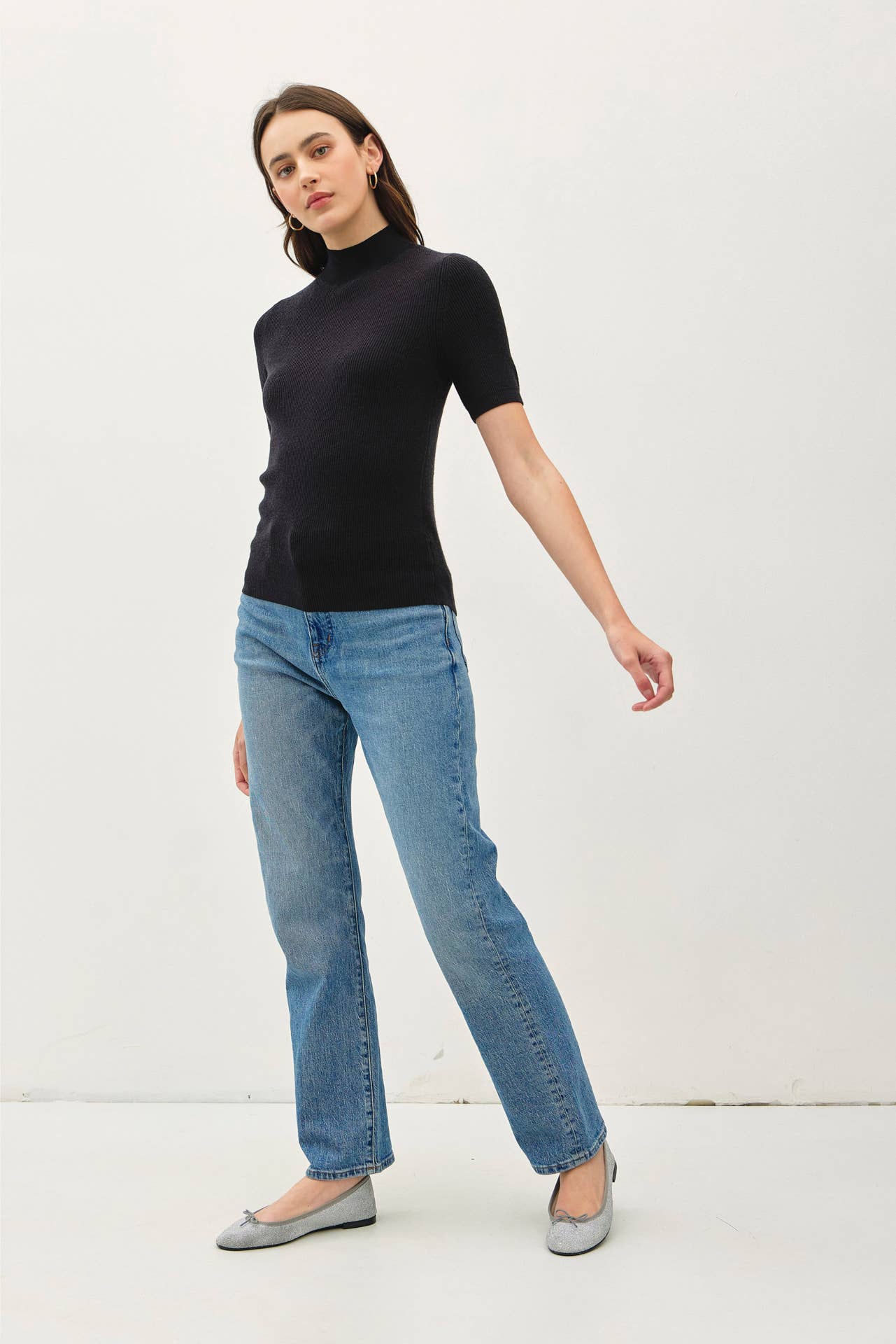 Mock Neck Short Sleeve Ribbed Knit Sweater