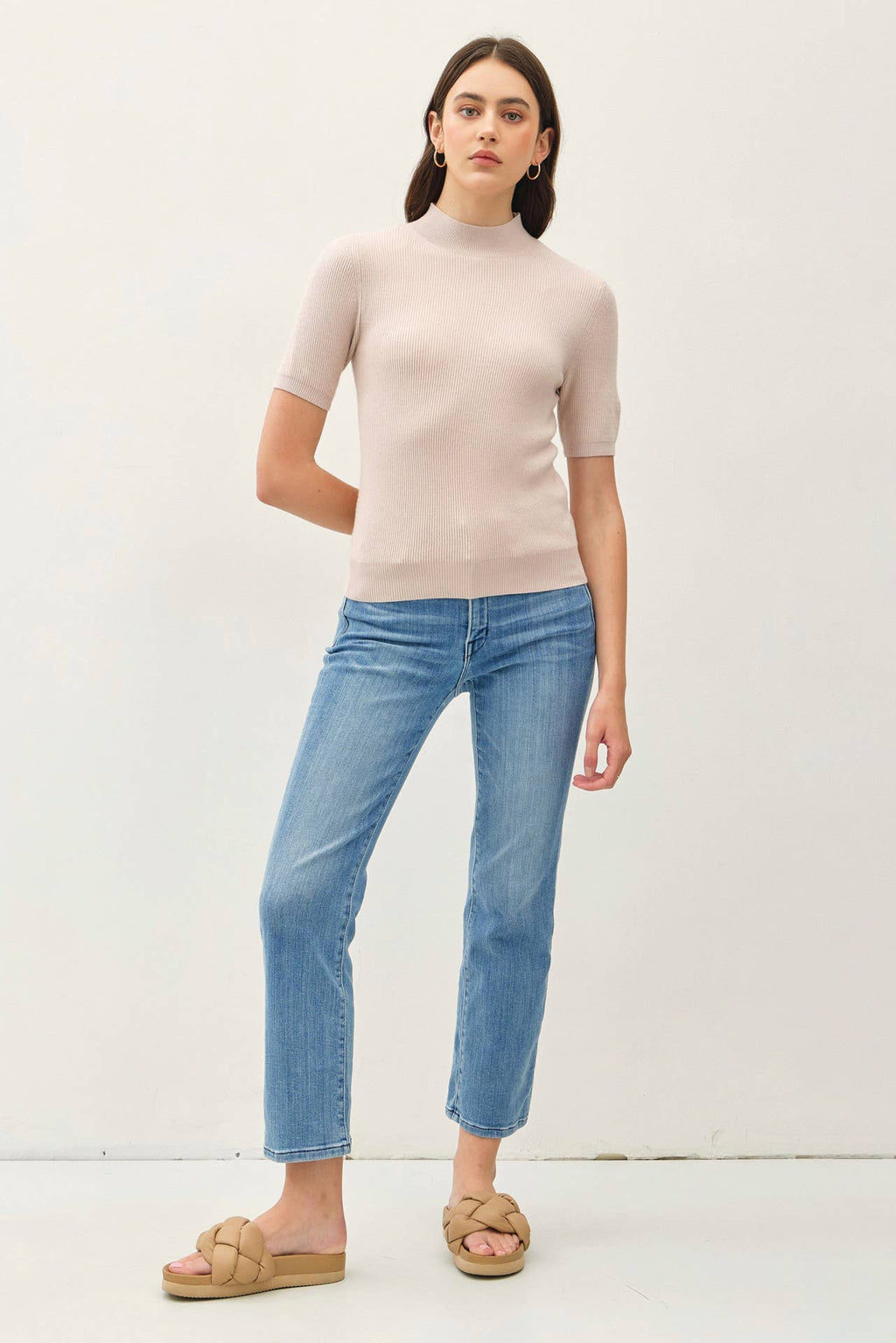 Mock Neck Short Sleeve Ribbed Knit Sweater