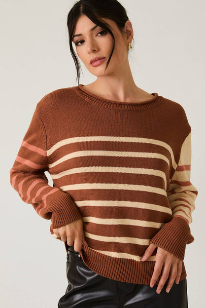 Round Neck Long Sleeve Stripe Light Weight Sweater