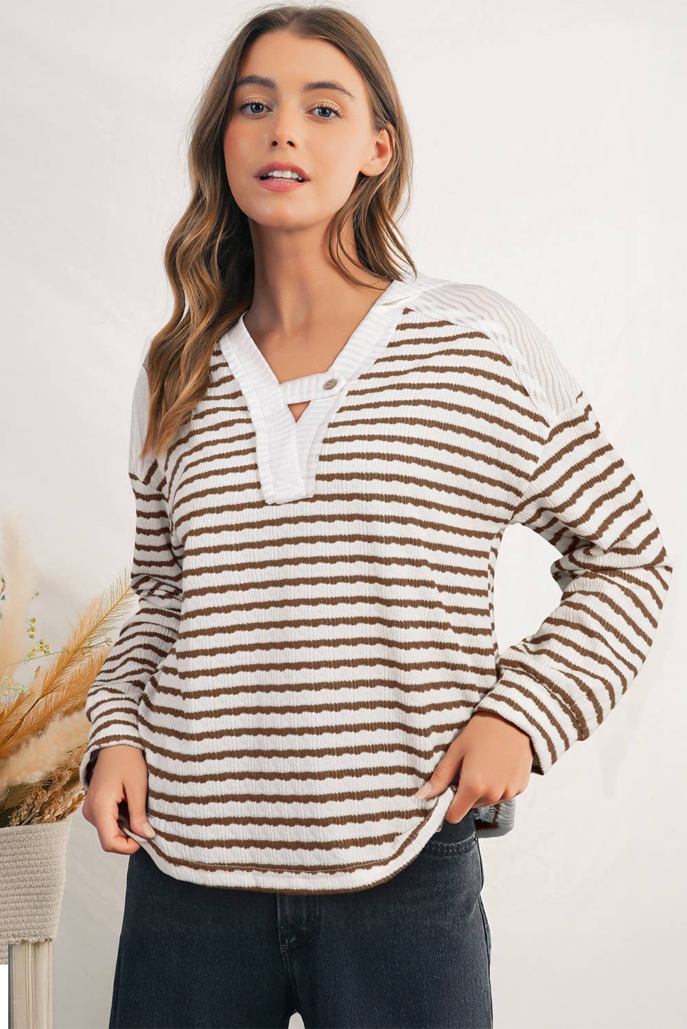Texture Stripe Hooded Long Sleeve Top