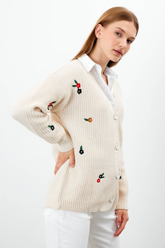 Knit Cardigan Flower Embroidered Solid Color Modest Cardigan
