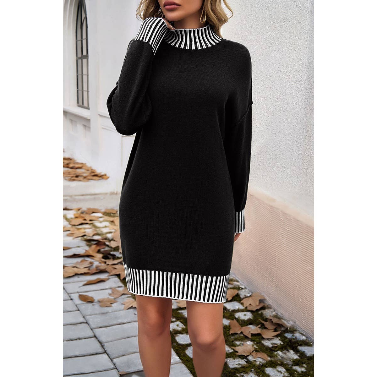 Turtle Mock Neck Solid Knit Stretch Sweater Dress