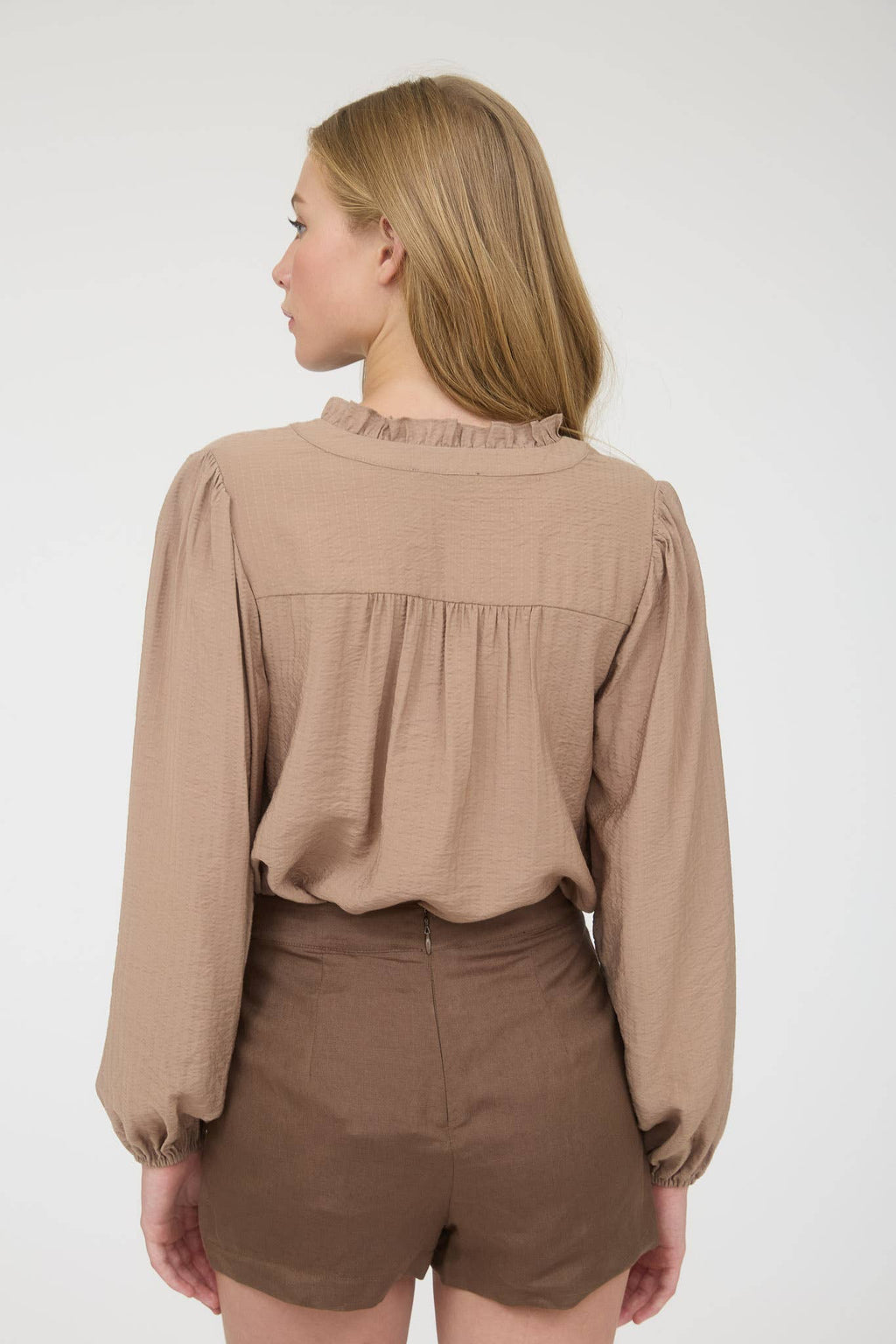 Ruffle Neck Button Down Long Sleeve Top