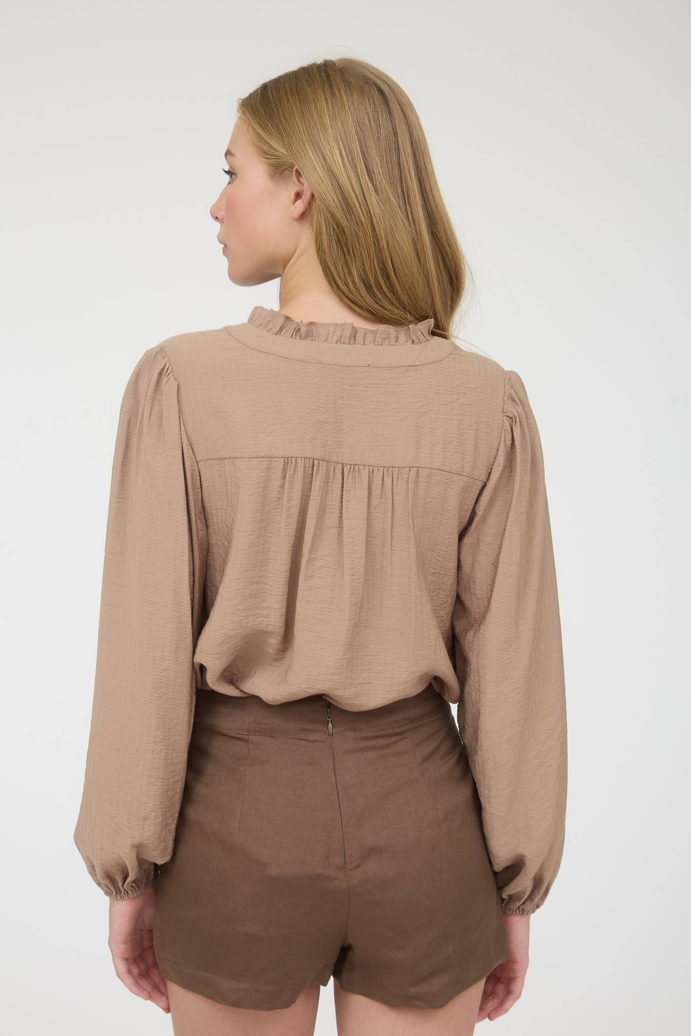 Ruffle Neck Button Down Long Sleeve Top