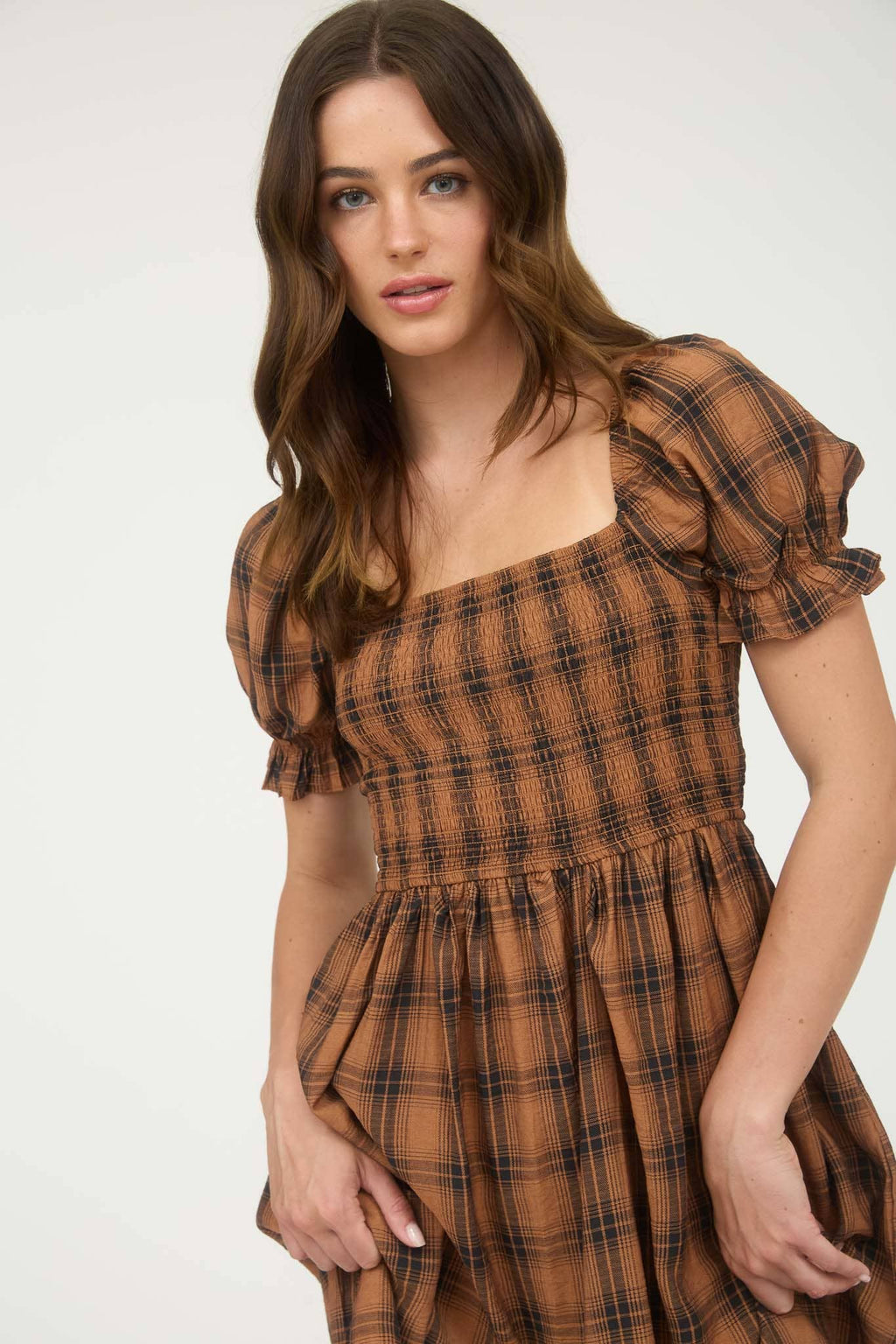 Plaid Smocked Puff Sleeve Mini Dress