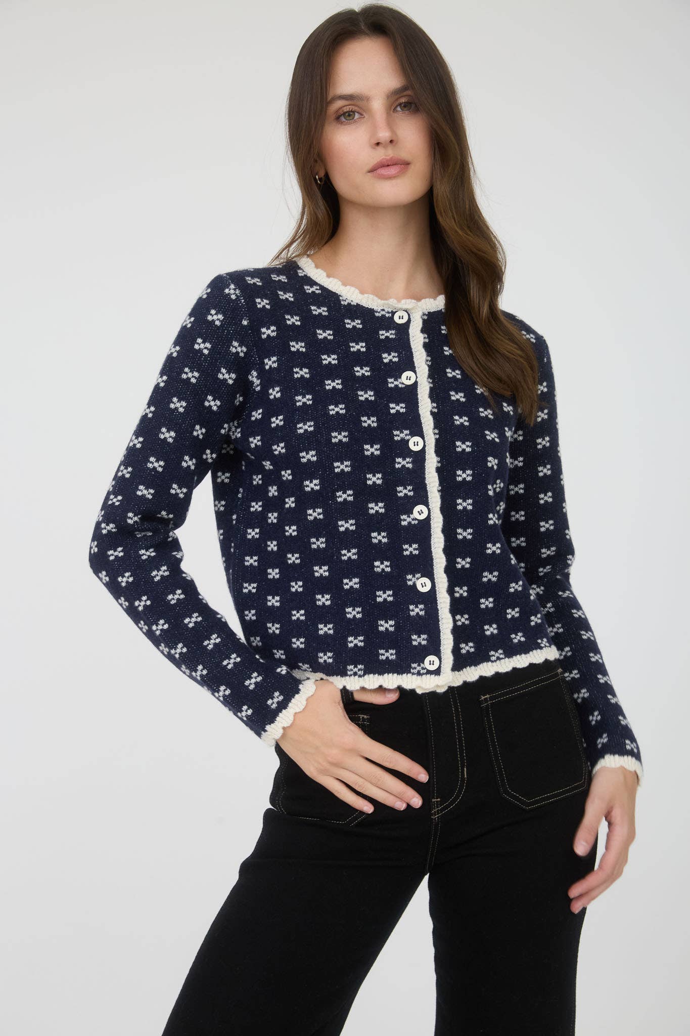 Scallop Trim Button Down Knit Cardigan