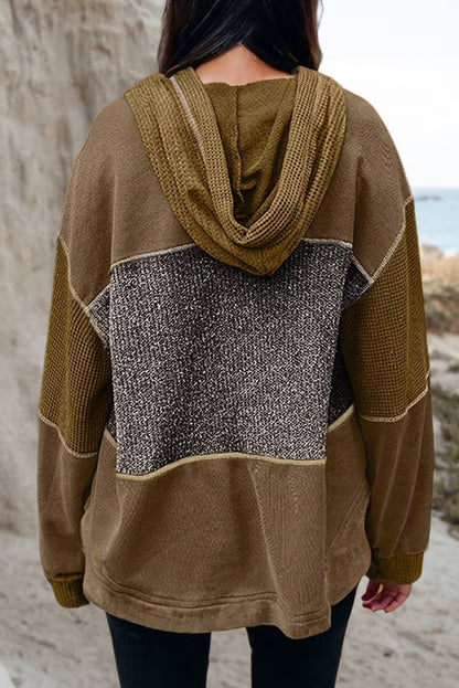 Waffle Exposed Seam Half Button Hooded Sweatshirt