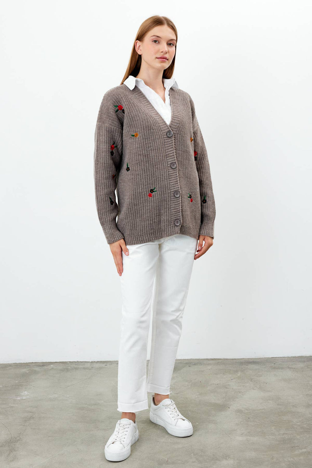 Knit Cardigan Flower Embroidered Solid Color Modest Cardigan