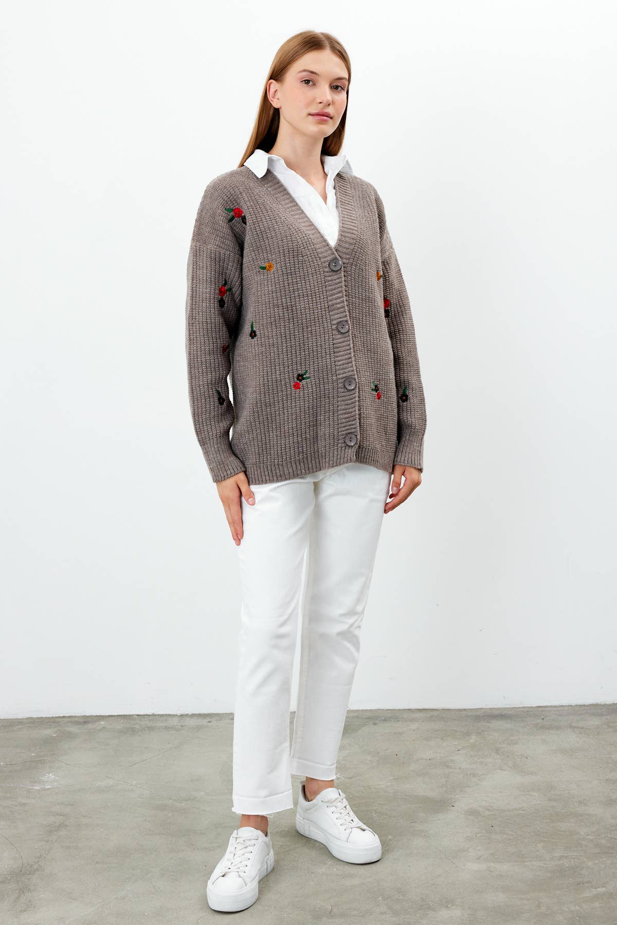 Knit Cardigan Flower Embroidered Solid Color Modest Cardigan