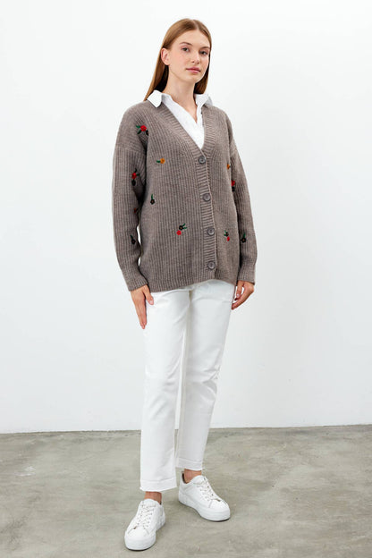 Knit Cardigan Flower Embroidered Solid Color Modest Cardigan