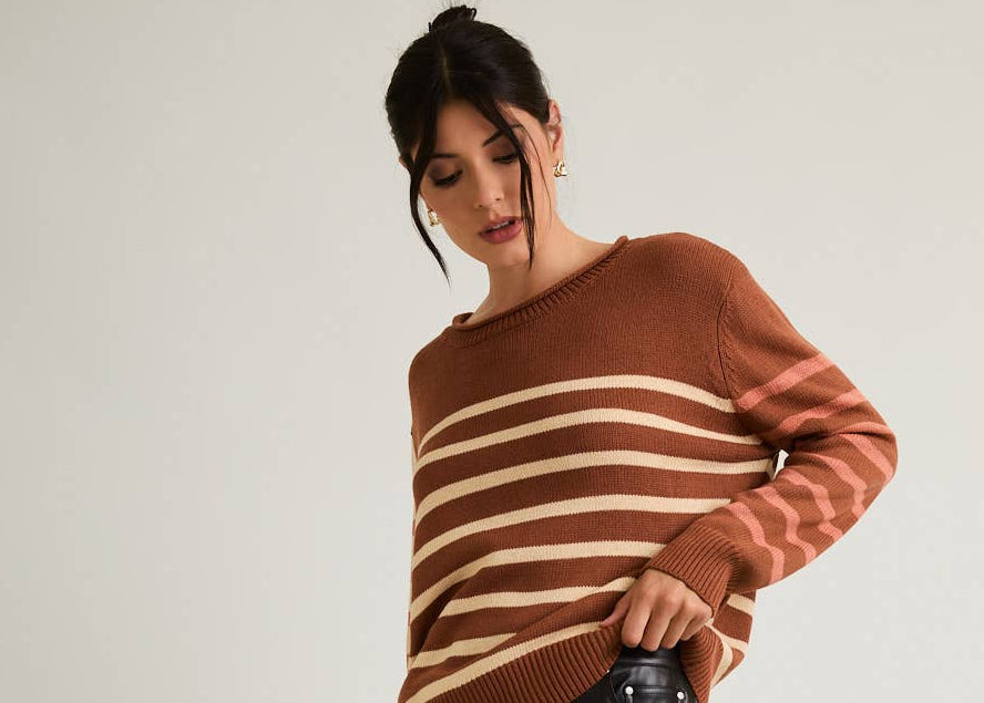 Round Neck Long Sleeve Stripe Light Weight Sweater