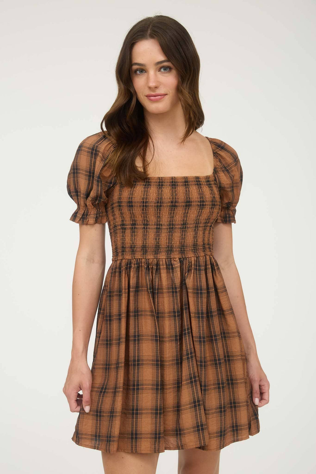 Plaid Smocked Puff Sleeve Mini Dress