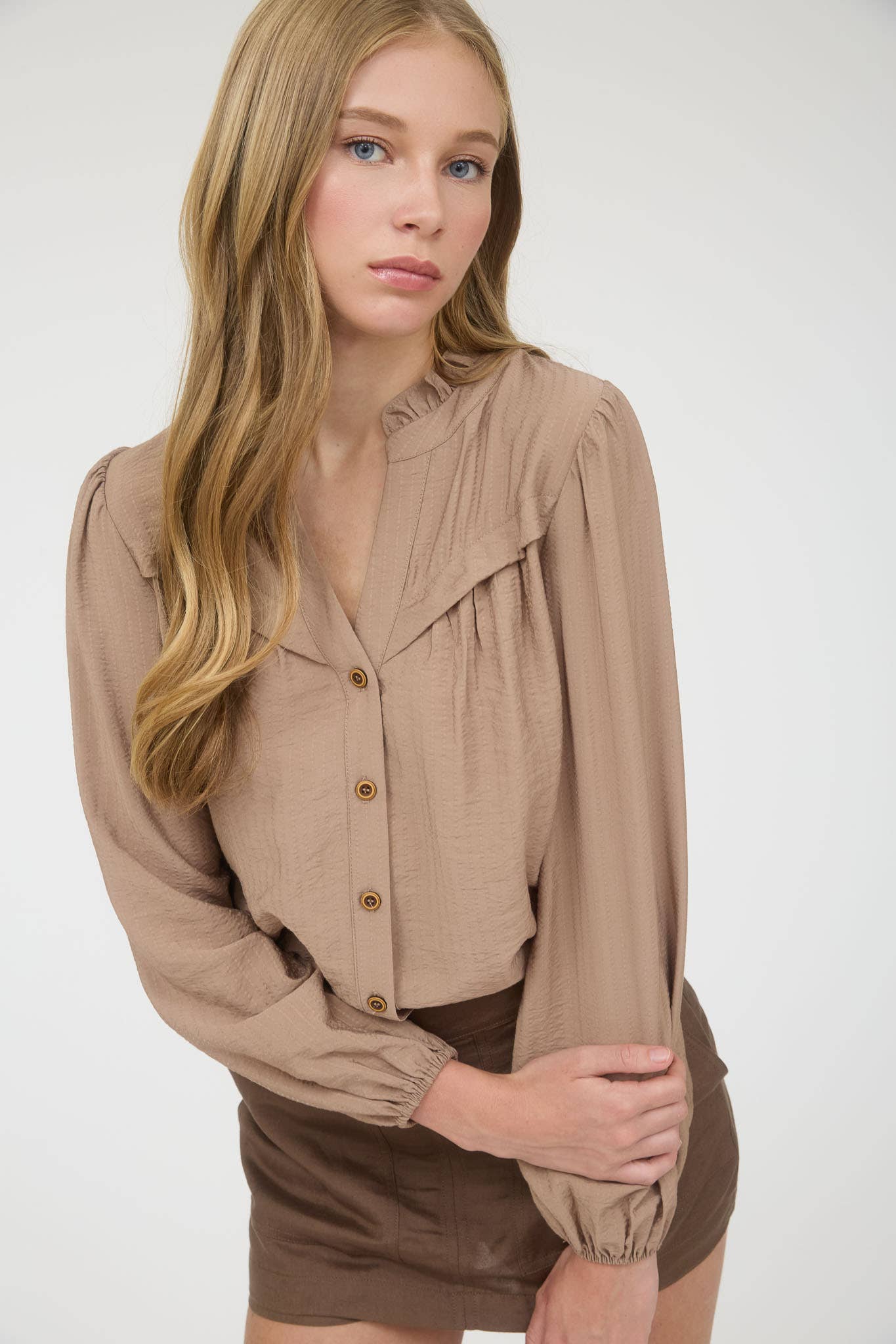 Ruffle Neck Button Down Long Sleeve Top