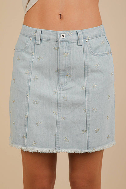 Bow Printed Casual Denim Mini Skirt