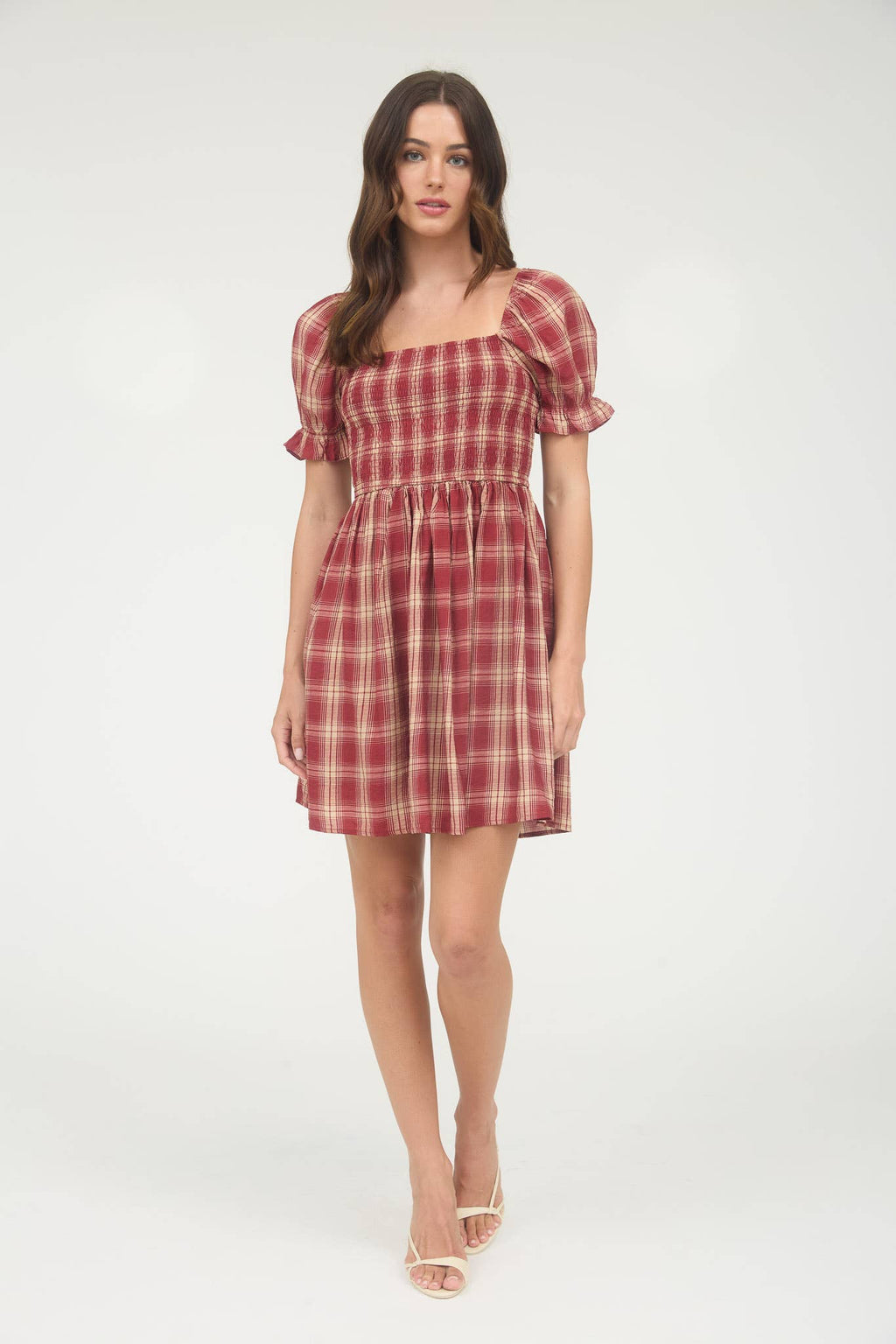 Plaid Smocked Puff Sleeve Mini Dress