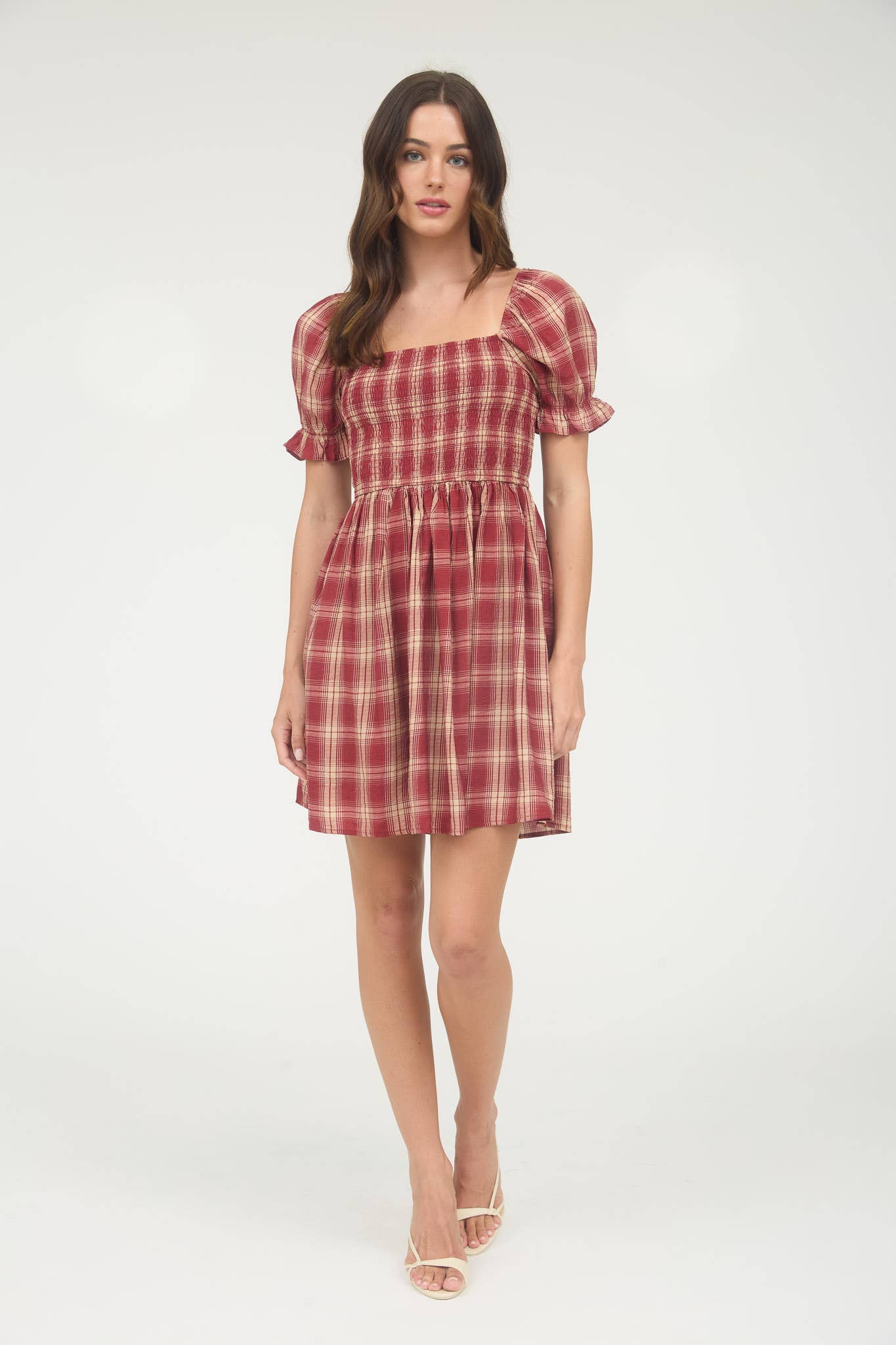 Plaid Smocked Puff Sleeve Mini Dress