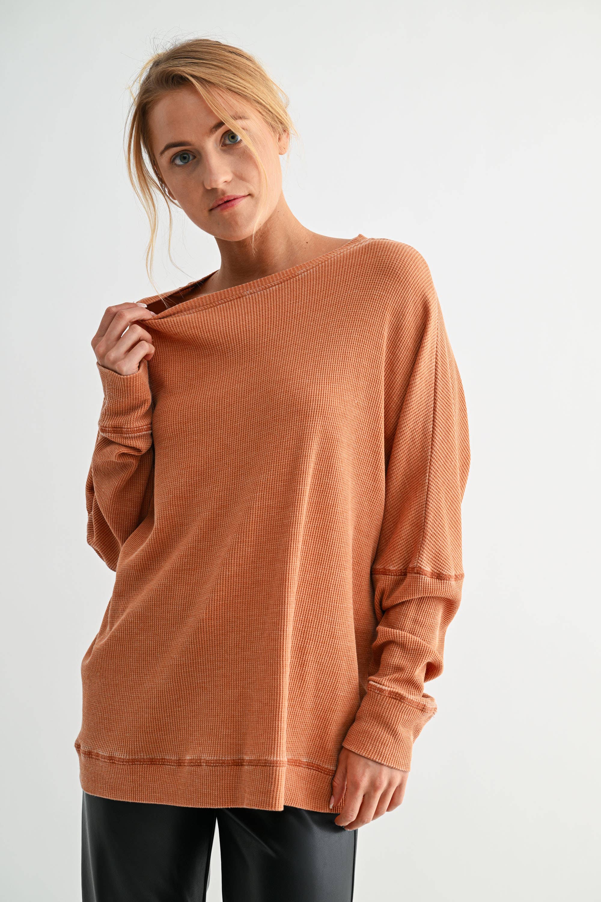 Waffle Ribbed Roundneck Pullover
