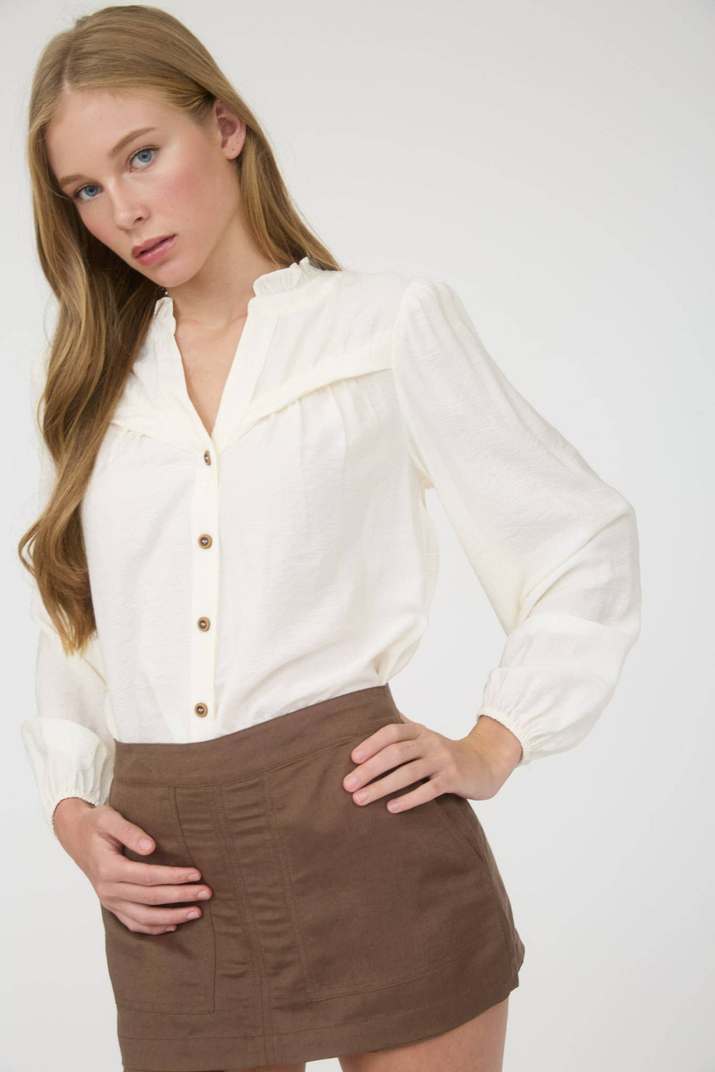 Ruffle Neck Button Down Long Sleeve Top