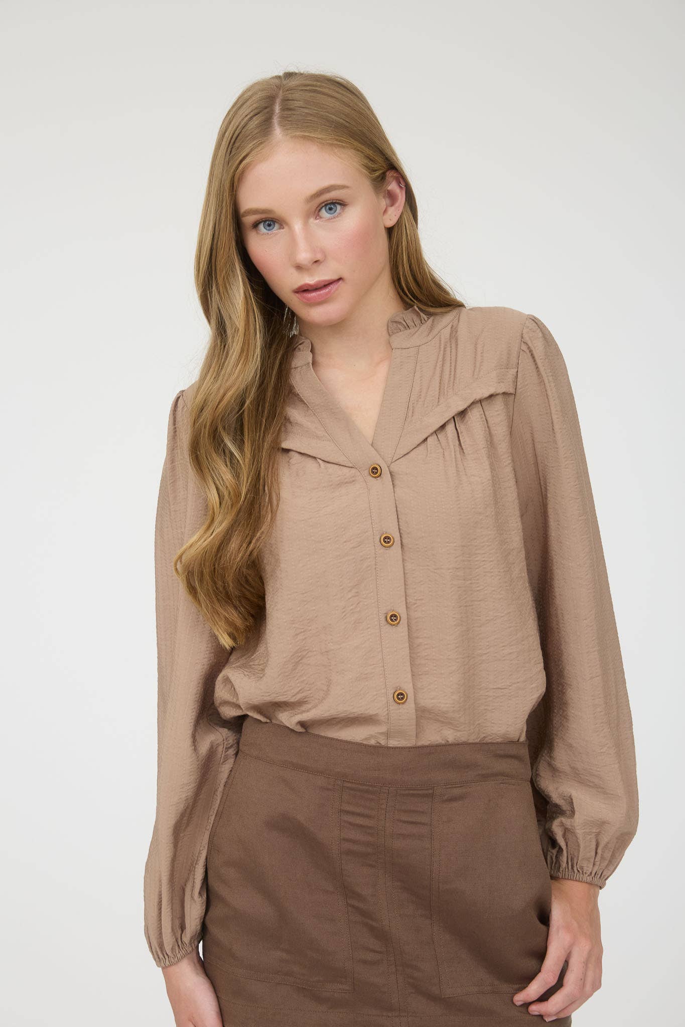 Ruffle Neck Button Down Long Sleeve Top