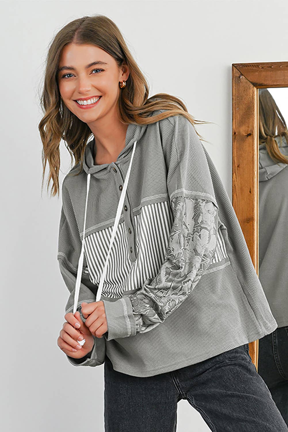 Waffle Striped & Abstract Print Buttoned Front Hoodie